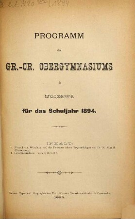 Programm des Gr.-Or. Obergymnasiums in Suczawa für das Schuljahr .... 1894