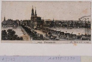 Stadtansicht von Dresden, Blick von der Neustadt über die Augustusbrücke und die Elbe auf die Altstadt