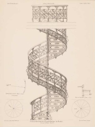 Schmiedeeiserne Wendeltreppe, Berlin: Grundrisse, Ansichten, Vertikalschnitte (aus: Architektonisches Skizzenbuch, H. 186/3, 1884)