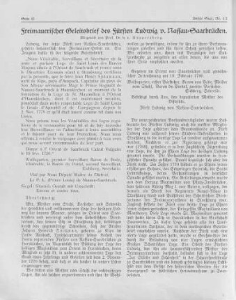 Freimauerischer Geleitbrief des Fürsten Ludwig v. Nassau-Saarbrücken.