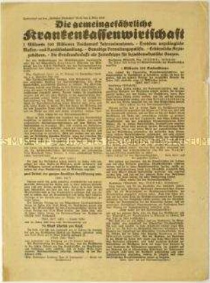 Flugblatt der NSDAP gegen das Krankenkassensystem und Werbung für den "Völkischen Beobachter"