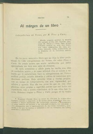 Al margen de un libro : ("Arquitectura del Verso", por M. Pérez y Curis)