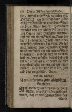 Die III. Andacht. Ermunterung zum gläubigen Empfahen.