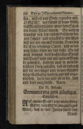 Die III. Andacht. Ermunterung zum gläubigen Empfahen.