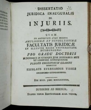 Dissertatio Juridica Inauguralis De Injuriis