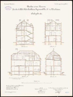 Artilleriekaserne II/27, Wiesbaden: Stabsgebäude: Längsschnitt, Querschnitte 1:100