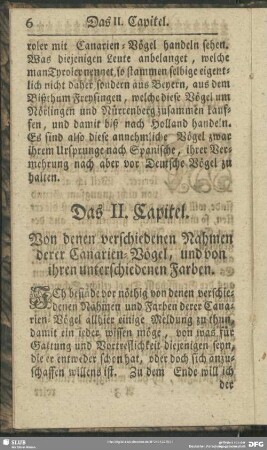 Das II. Capitel. Von denen verschiedenen Nahmen derer Canarien-Vögel, und von ihren unerschiedenen Farben