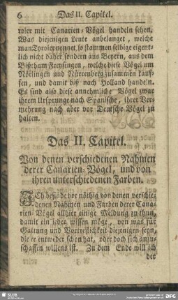 Das II. Capitel. Von denen verschiedenen Nahmen derer Canarien-Vögel, und von ihren unerschiedenen Farben