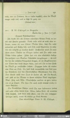 August Wilhelm von Schlegel an Auguste Böhmer, Berlin, 03.06.1798