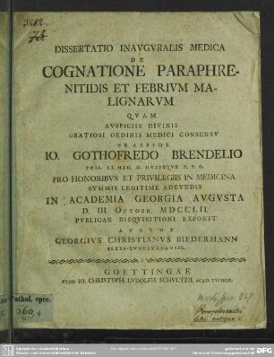 Dissertatio Inauguralis Medica De Cognatione Paraphrenitidis Et Febrium Malignarum
