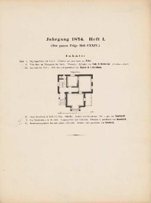 Landhaus bei Berlin: Inhaltsverzeichnis, Grundriss EG (aus: Architektonisches Skizzenbuch, H. 124/1, 1874)