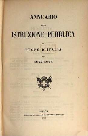 Annuario della istruzione pubblica del Regno d'Italia : per ... 1863/64 (1864)