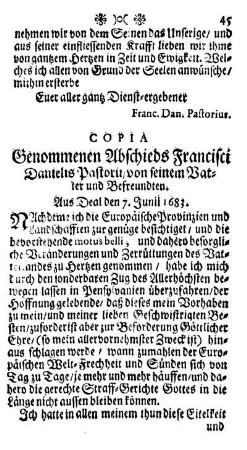 COPIA - Genommenen Abschieds Francisci Danielis Pastorii / von seinem Vatter und Befreundeten.