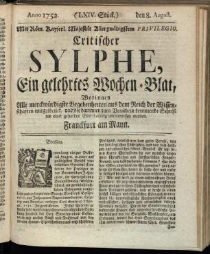 (LXIV. Stück.) den 8. August. Anno 1752.