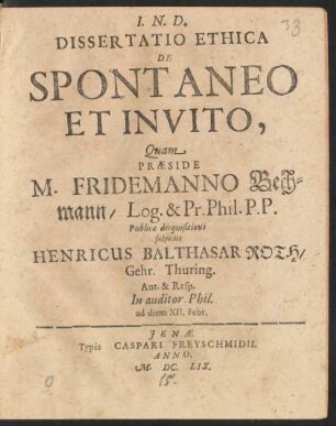 Dissertatio Ethica De Spontaneo Et Invito