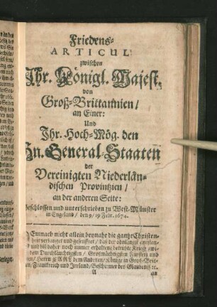 Friedens-Articul zwischen Ihr. Königl. Majest. von Groß-Brittannien/ ...