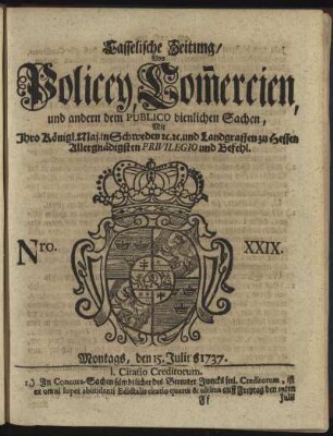 Nro. XXIX, Montags, den 15. Julius 1737