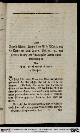 I. Ueber Joshua's Worte: Sonne stehe still in Gideon [...]
