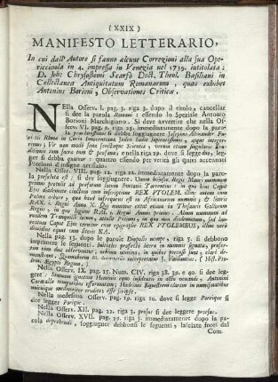 Manifesto Letteraio, In cui dall' autore si fanno alcune Correzioni ...