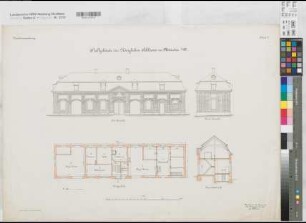 Münster (Münster) Schloß (Oberpräsidialflügel) Inventarienzeichnung Blatt 8 Stallgebäude Ansichten, Grundriß, Schnitt 1901 1 : 100 55 x 78 Lithographie: Bogdan Gisevius, Berlin KSM Nr. 1539,18