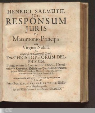 Henrici Salmuth, JCti, Responsum Juris Pro Matrimonio Principis cum Virgine Nobili