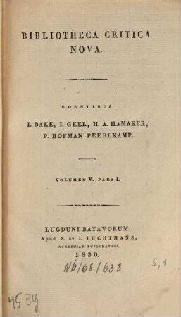 Bibliotheca critica nova. 5,1, 5,1. 1830