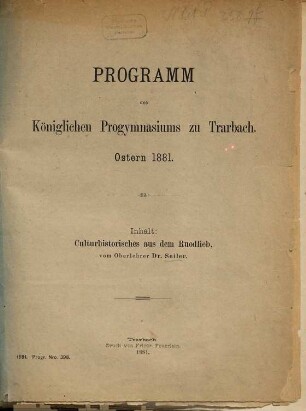Programm des Königlichen Progymnasiums zu Trarbach : über das Schuljahr .... 1880/81