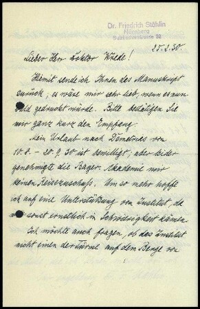 F. Stählin an W. Wrede