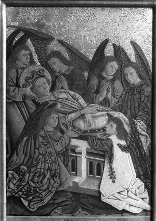Katharinenaltar : Katharinenaltar. Holz, bemalt (1455-1460). Flügel mit Aufbahrung der heiligen Katharina. Sankt Georgen ob Murau-Bodendorf, Filialkirche Sankt Cäcilia