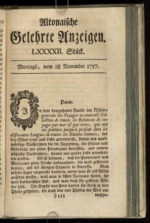 LXXXXII. Stück. Montags, vom 28 November 1757