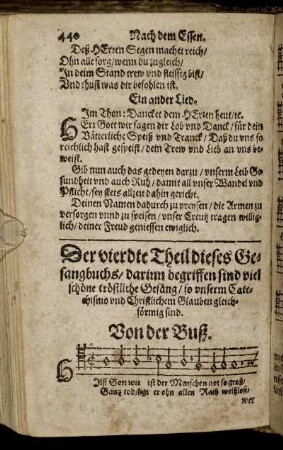 Der vierdte Theil dieses Gesangbuchs/ darinn begriffen sind viel schöne tröstlichen Gesäng/ so unserm Catechismo und Christlichem Glauben gleichförmig sind.