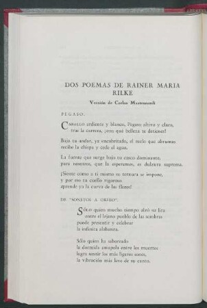 Dos poemas de Rainer María Rilke : Versión de Carlos Mastronardi