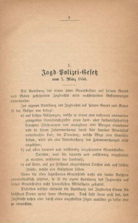 I. Jagd-Polizei-Gesetz vom 7. März 1850