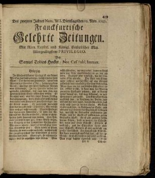 Num. XCI. Dienstags den 12. Nov. 1737 - Num. C. Freytags den 13. Dec. 1737