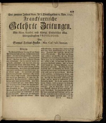 Num. XCI. Dienstags den 12. Nov. 1737 - Num. C. Freytags den 13. Dec. 1737