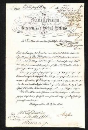 Schreiben des Ministeriums des Kirchen- und Schul-Wesens an die Direktion der Königlichen Sammlungen