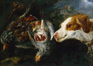 Zwei tote Rebhühner und ein Jagdhund