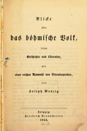 Blicke über das böhmische Volk, seine Geschichte und Literatur, mit einer reichen Auswahl von Literaturproben