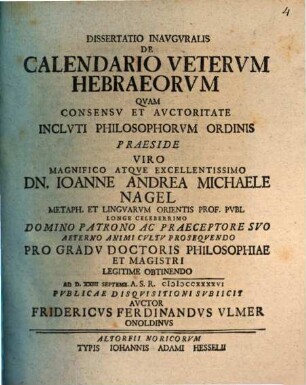 Diss. inaug. de calendario veterum Hebraeorum