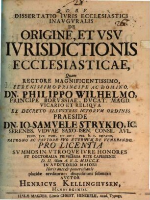 Dissertatio Ivris Ecclesiastici Inavgvralis De Origine, Et Vsv Ivrisdictionis Ecclesiasticae
