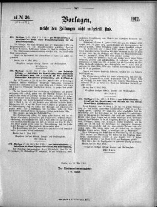 Anlage: ad No. 30 (474-477), Vorlagen, welche den Zeitungen nicht mitgeteilt sind