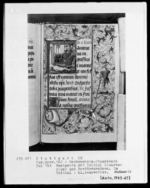 Lateinisches Stundenbuch (Sachsenheim-Gebetbuch) — Textseite mit historisierter Initiale und Drolerien, Folio 154recto