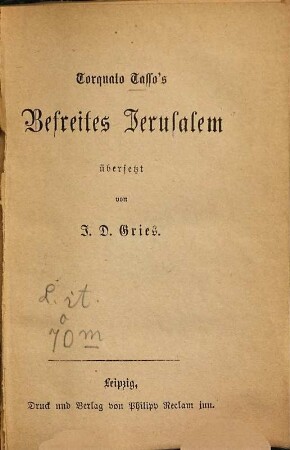 Torquato Tasso's Befreites Jerusalem