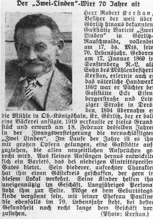 Königshain. Anzeige zum 70. Geburtstag des Zweilinden Wirtes und früheren Müllers, aus: Görlitzer Nachrichten vom 16.1.1939