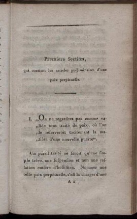 Premiere Section, qui contient les articles préliminaires d'une paix perpétuelle.