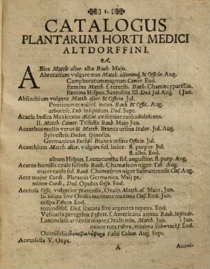 Florae Altdorffinae Deliciae Hortenses, Sive Catalogvs Plantarvm Horti Medici