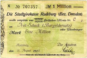 Not-Scheck (Bargeldersatz) über Eine Million Mark