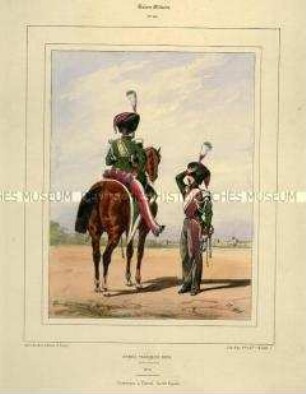 Uniformdarstellung, Soldaten des Jäger-Regiments zu Pferde, Königreich Frankreich, 1829. Tafel Nr. 169 aus: Galerie Militaire.