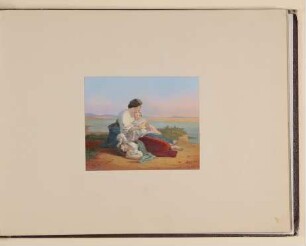 Frau und zwei Kinder, am Meeresstrand sitzend [Aus dem Album der Alwine Frommann]