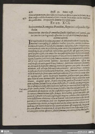 Epist. XCI. Innocentius, Romanus Pontifex, superiori respondet Epistolae